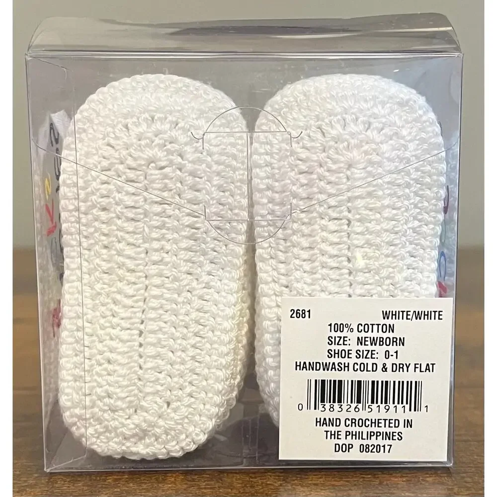 Jefferies Socks Newborn White Hand Crochet Booties w/ White Satin Ribbon Sz 0-1